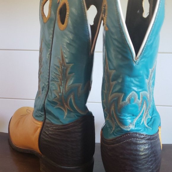 Tony Lama Womens Vintage 8.5 M Turquoise and Goldenrod with Black Accent Boots - Picture 5 of 6